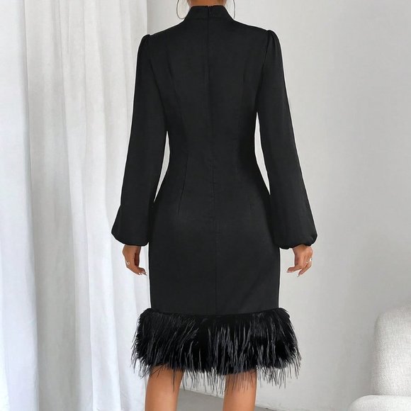 Black Preppy Womens Twist Front Fuzzy Trim Lantern Sleeve Dress - Picture 2 of 5